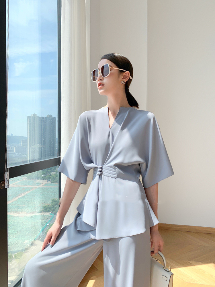 ブイネック二点セット レディース ワイドパンツセットアップ