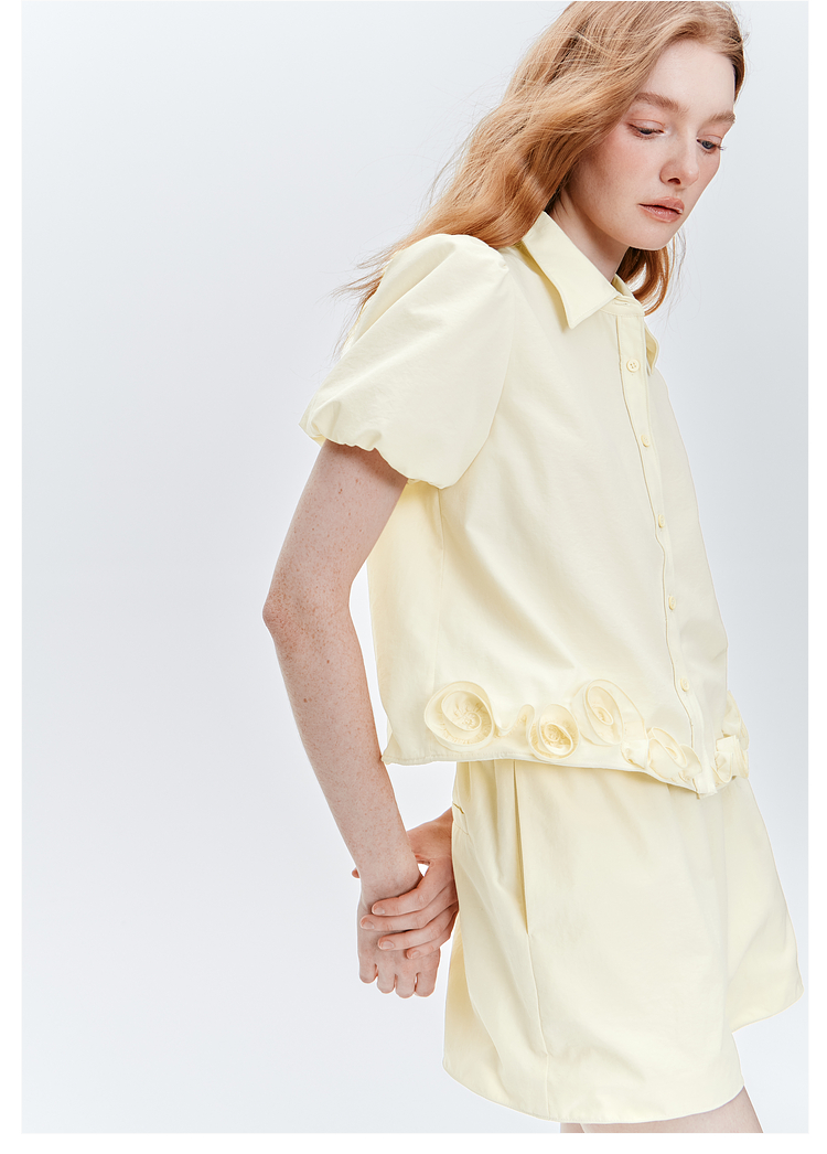 パンツセットアップ ショート 花飾りパフスリーブセットアップ