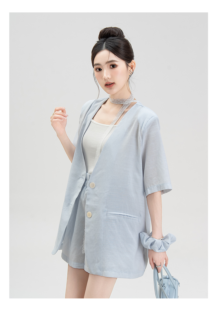 パンツセットアップ ショート レース縁取り半袖ジャケットショートパンツセット