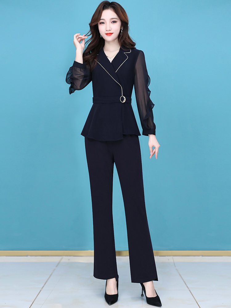 パンツセットアップ シフォン袖エレガント二重襟パンツセットアップ