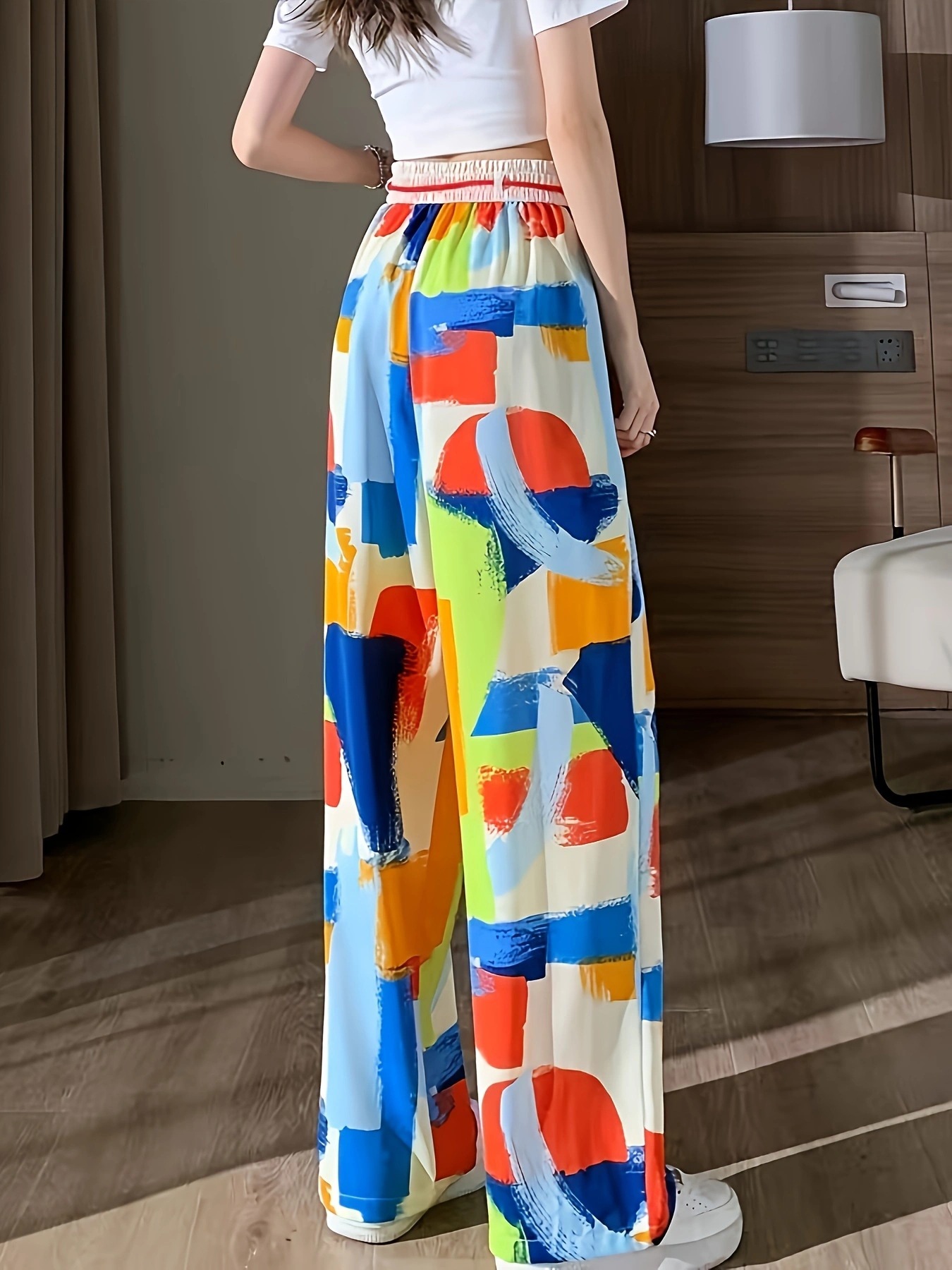 パンツセットアップ アートペイント風ゴム腰ワイドパンツ