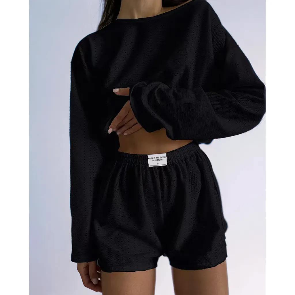 パンツセットアップ 透かし編みニット上下セットショートパンツルームウェア