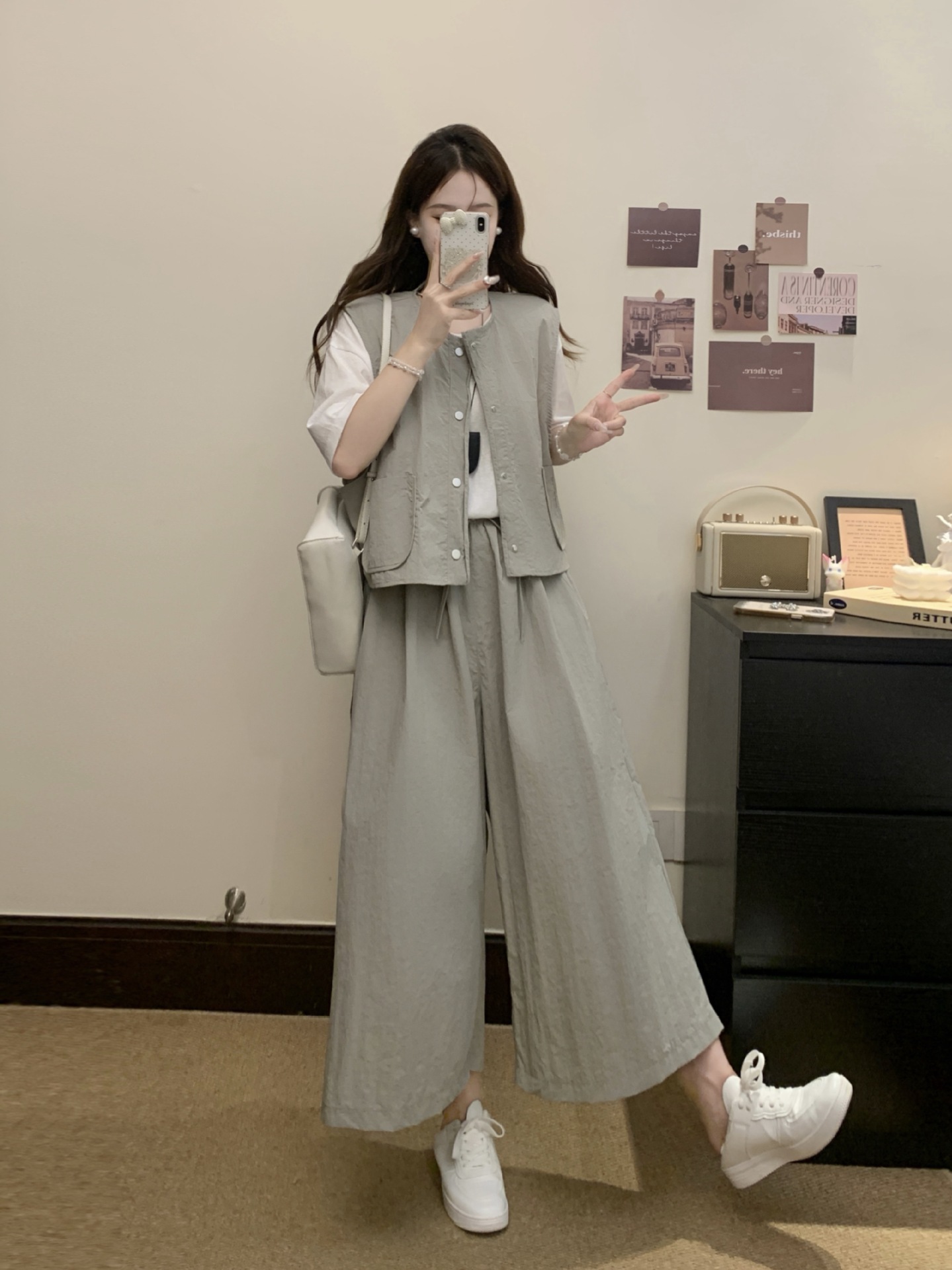 パンツセットアップ ゆったりベスト風ワイドパンツセット