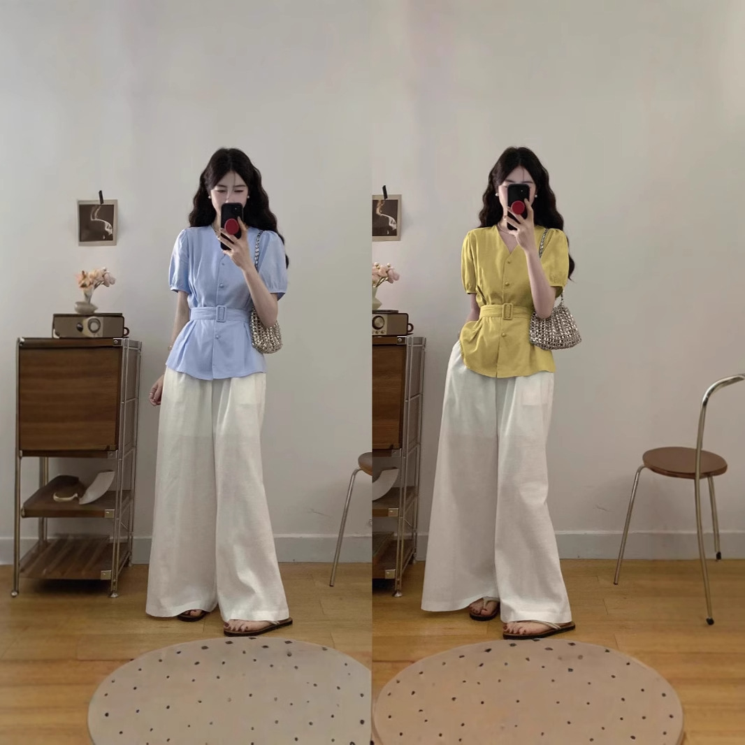 パンツセットアップ ベルト付きペプラムブラウスとワイドパンツセット