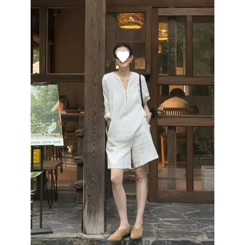 パンツセットアップ 麻混ゆったりワンピースショートパンツ