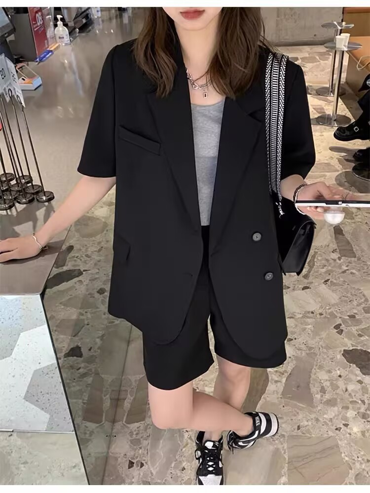 パンツセットアップ 五分袖ゆったりジャケットショートパンツ