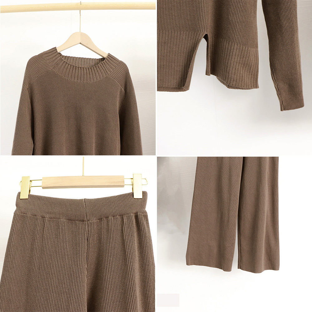 パンツセットアップ 秋冬ニットセットアップ ワイドパンツ スリット入り上下セット