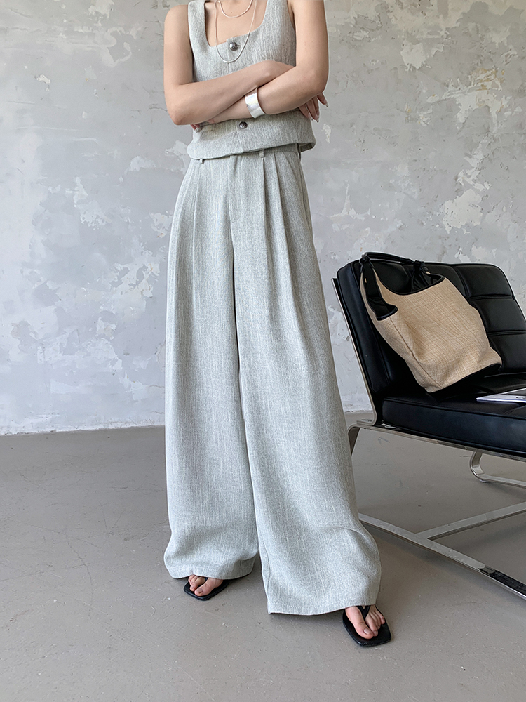 パンツセットアップ リネン風ベスト付きワイドパンツセット