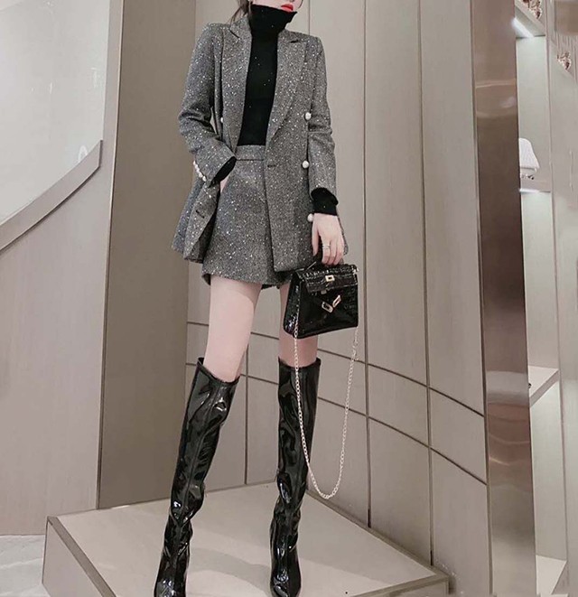 パンツセットアップ ラメツイード素材華やかジャケットショートパンツ二点組