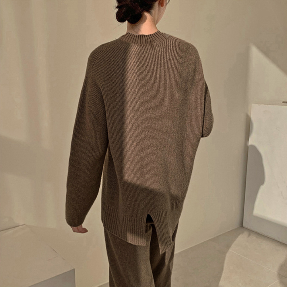 パンツセットアップ 秋冬ニットセットアップ ワイドパンツ スリット入り上下セット