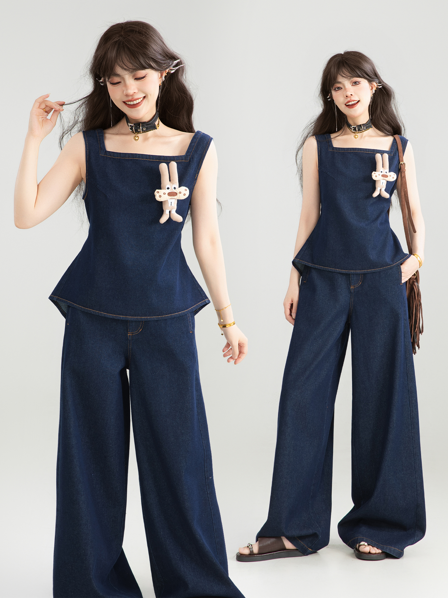 パンツセットアップ ペプラムデニム ワイドパンツセット