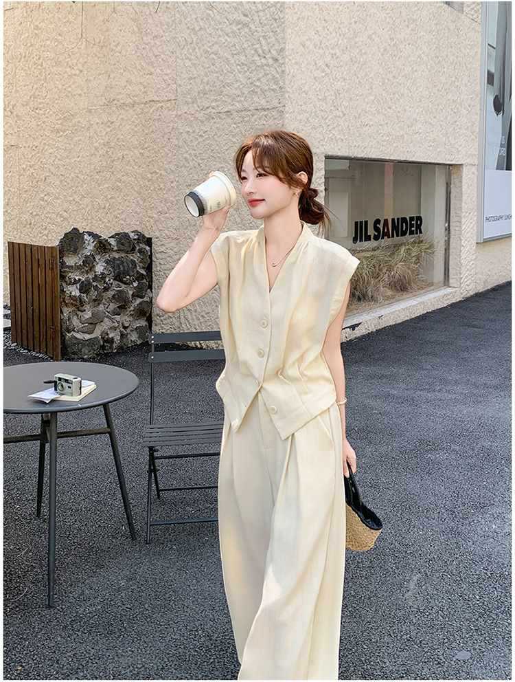 パンツセットアップ 優雅ノースリーブワイドパンツセット