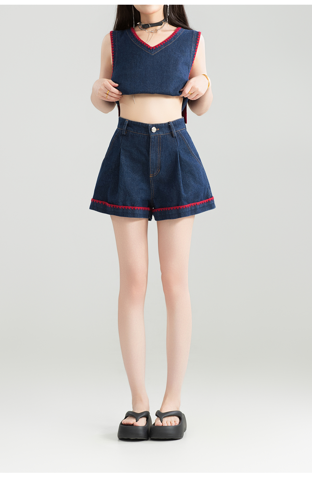 パンツセットアップ ショート リボン付きデニムセットアップ