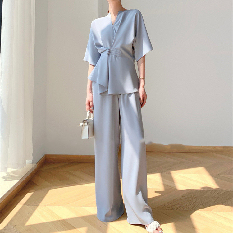 ブイネック二点セット レディース ワイドパンツセットアップ