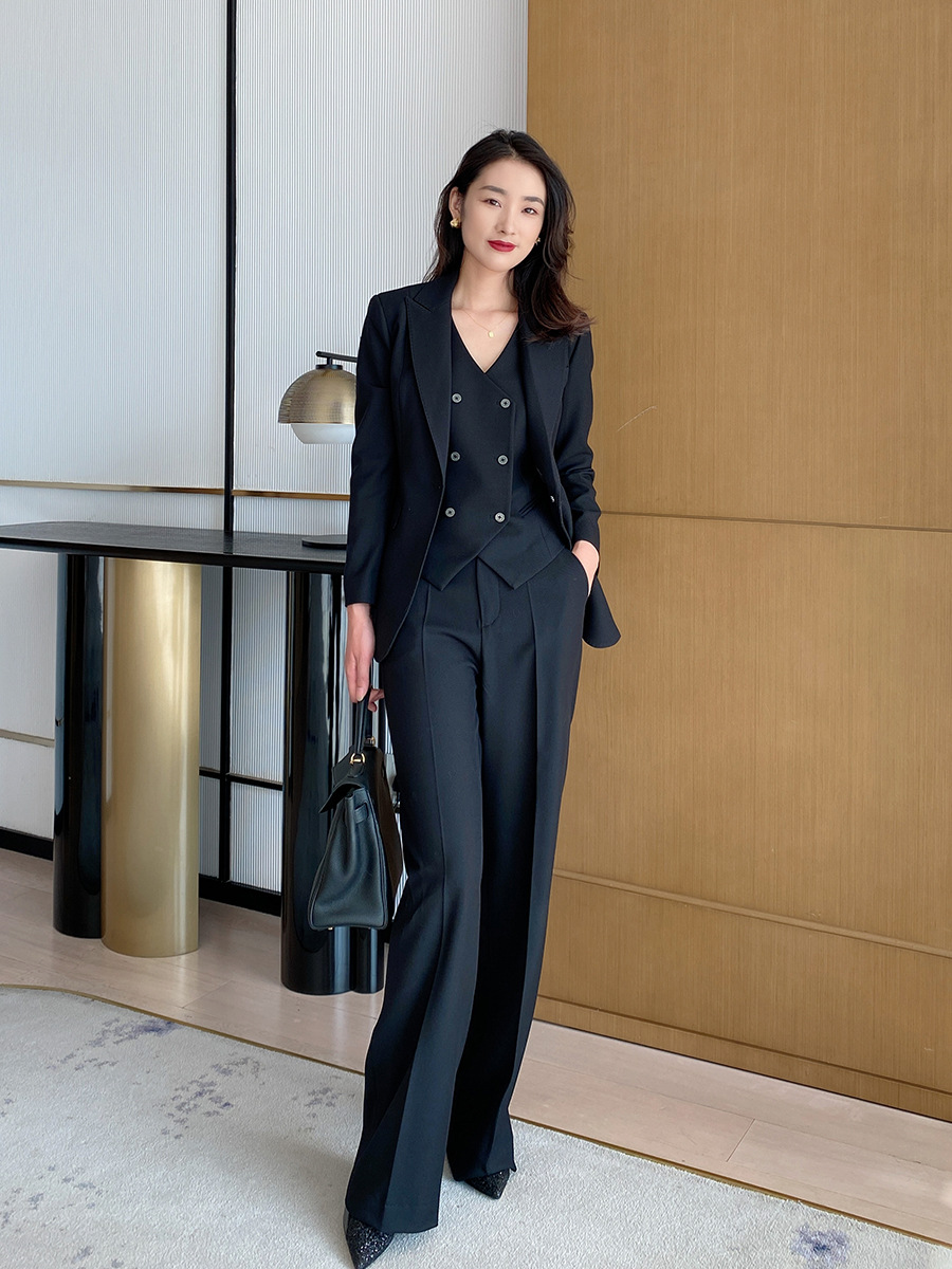 パンツセットアップ 三点セット洗練ダブルジャケットワイドパンツスーツ