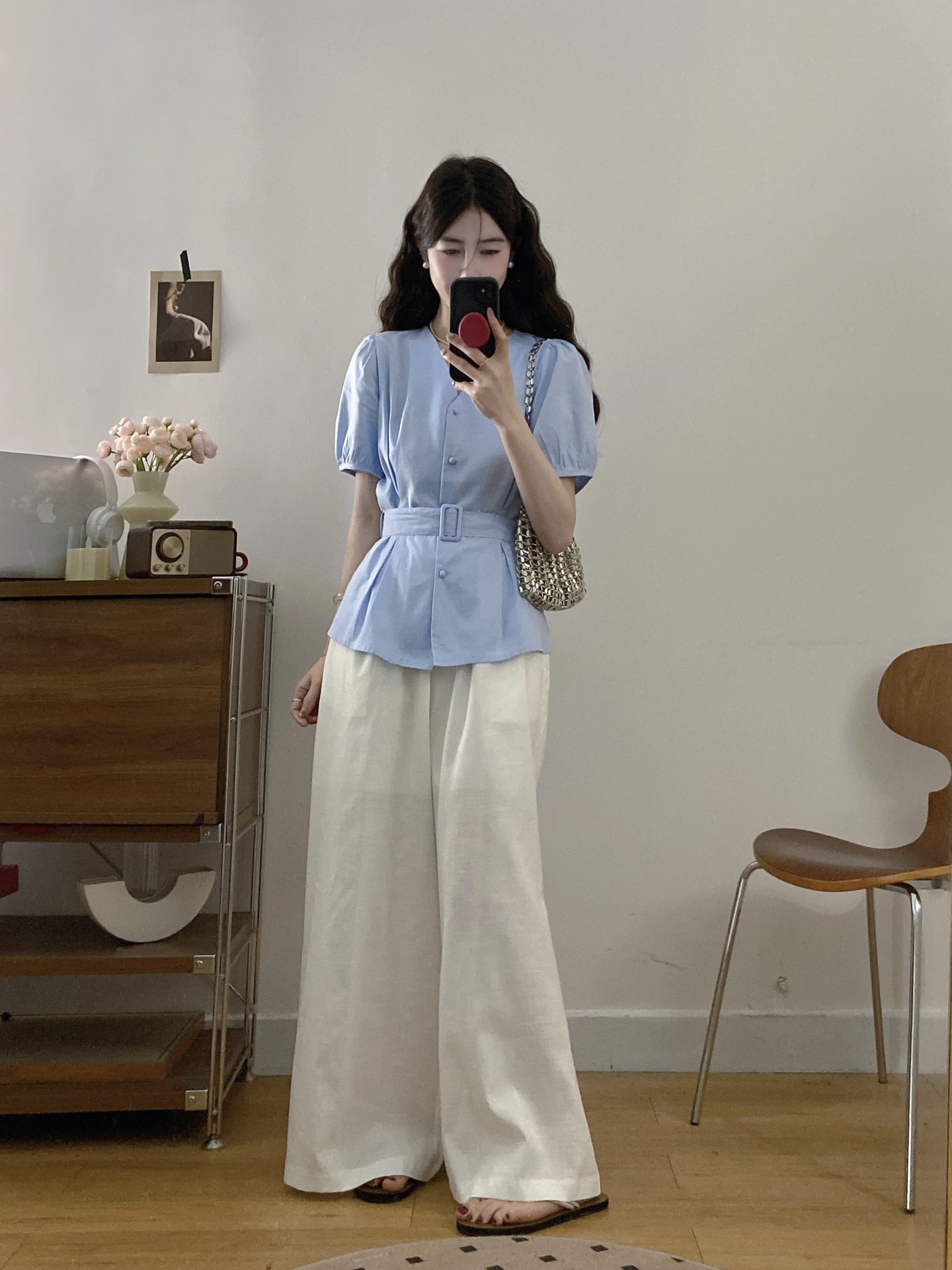 パンツセットアップ ベルト付きペプラムブラウスとワイドパンツセット
