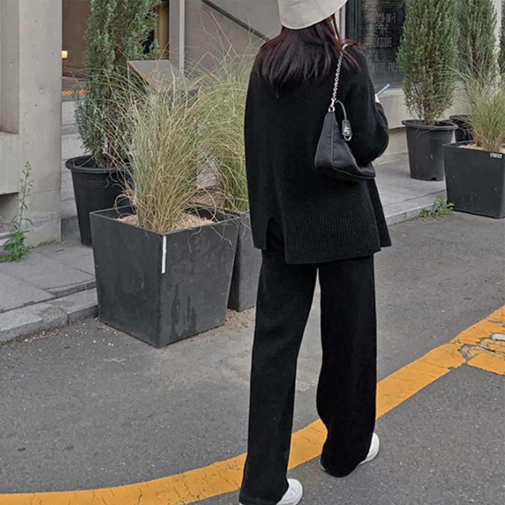 パンツセットアップ 秋冬ニットセットアップ ワイドパンツ スリット入り上下セット