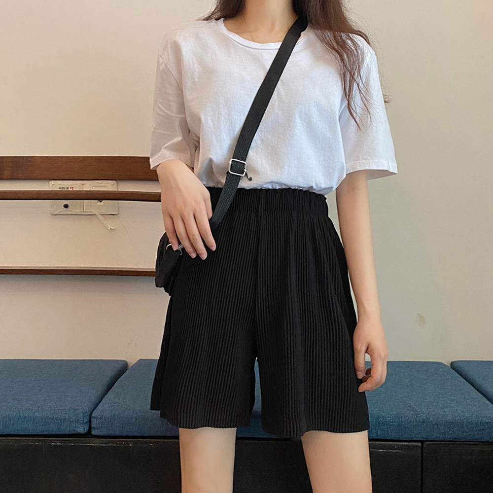 パンツセットアップ 細プリーツ ショート 楽ちんワイドパンツ
