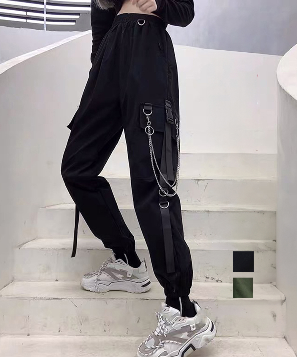 パンツセットアップ ワイド カーゴパンツ チェーン付き ゴム紐 ボトムス