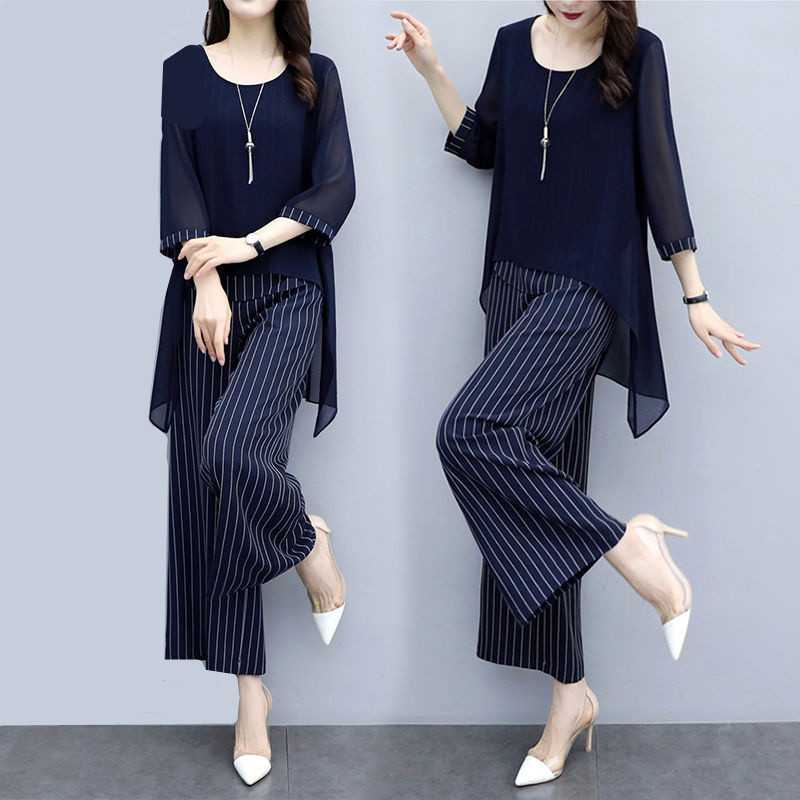 パンツセットアップ シフォン重ね着風ストライプワイドパンツセット
