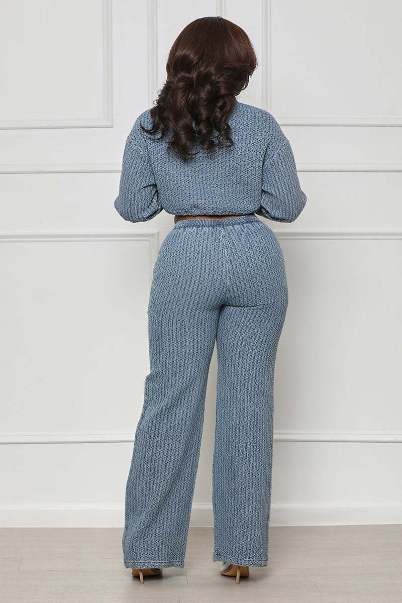 パンツセットアップ 立体織り模様のワイドパンツセット