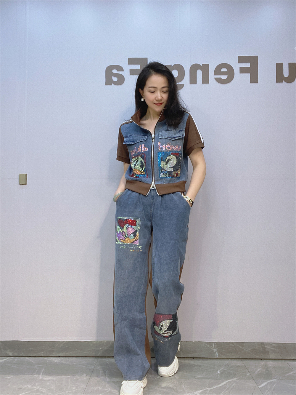 パンツセットアップ 刺繍デニム切替ベスト×ワイドパンツセットアップ