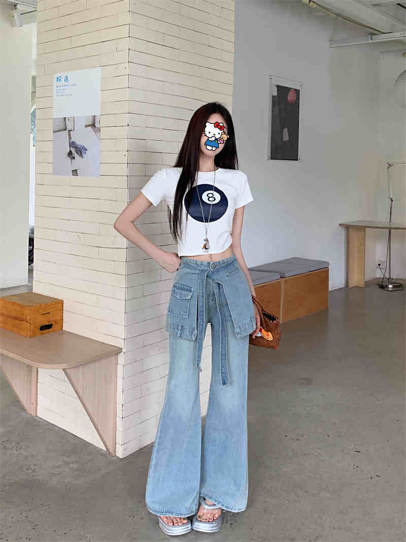 パンツセットアップ 韓国風ハイウエストデニムワイドパンツ 夏新作