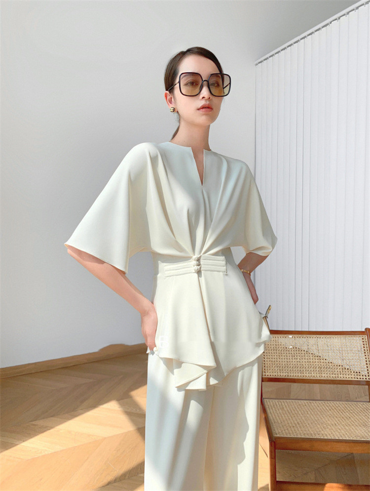 ブイネック二点セット レディース ワイドパンツセットアップ