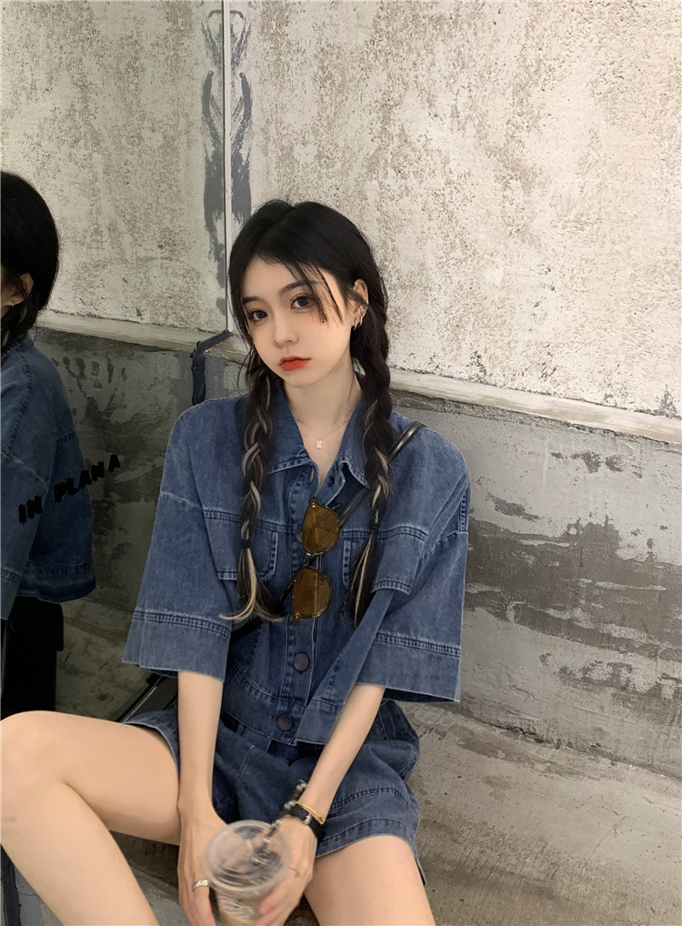 パンツセットアップ デニム風ゆったりショートパンツセット