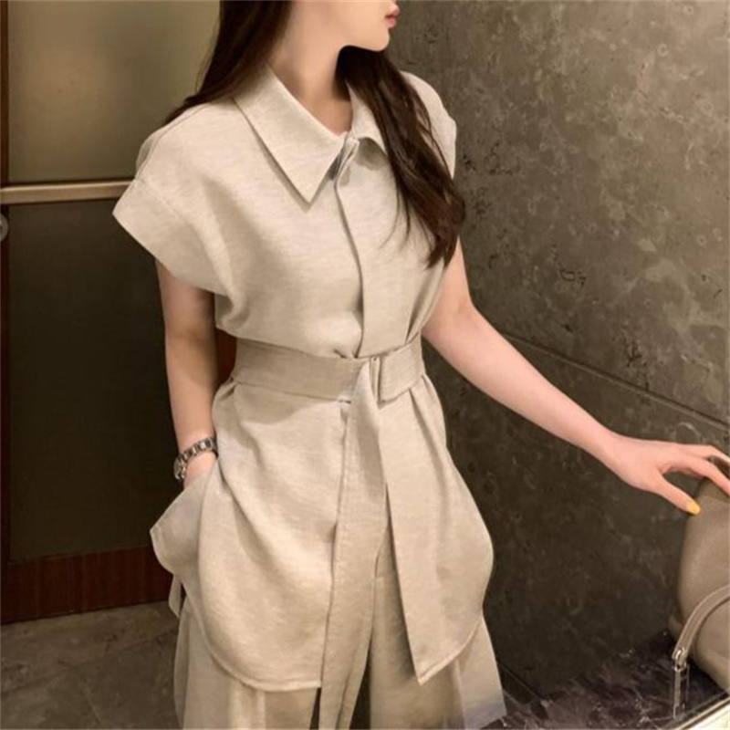 パンツセットアップ 夏用スーツ二点組み半袖上着ワイドパンツ女性用着回し服