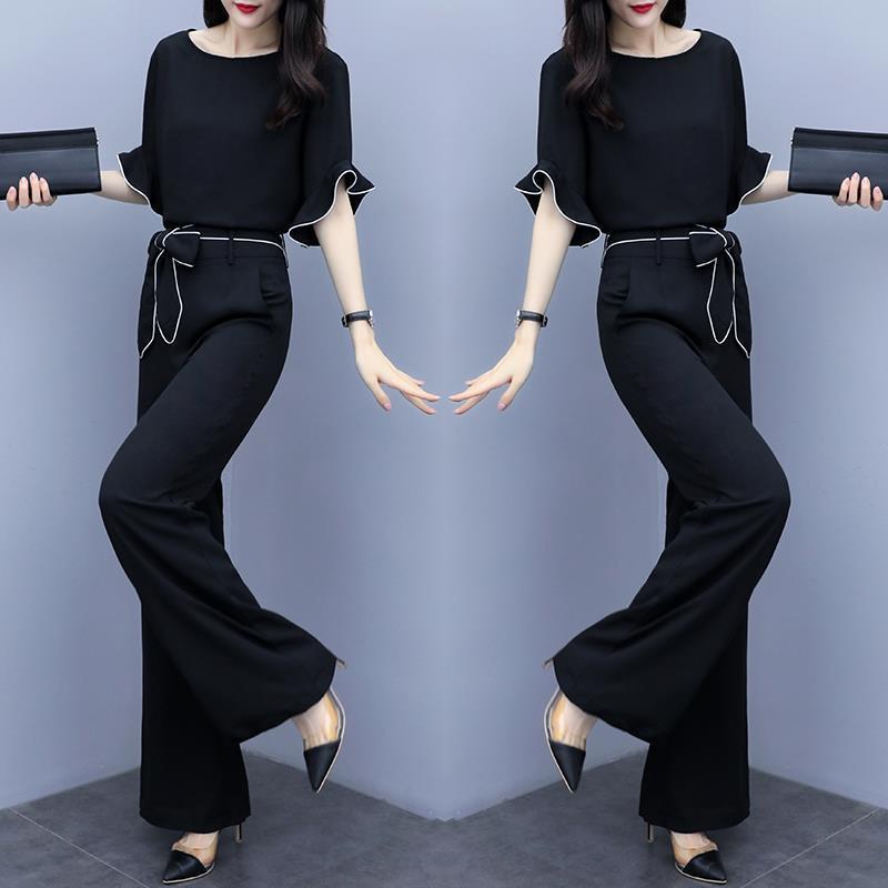 パンツセットアップ フリル袖リボンベルト付ワイドパンツセット