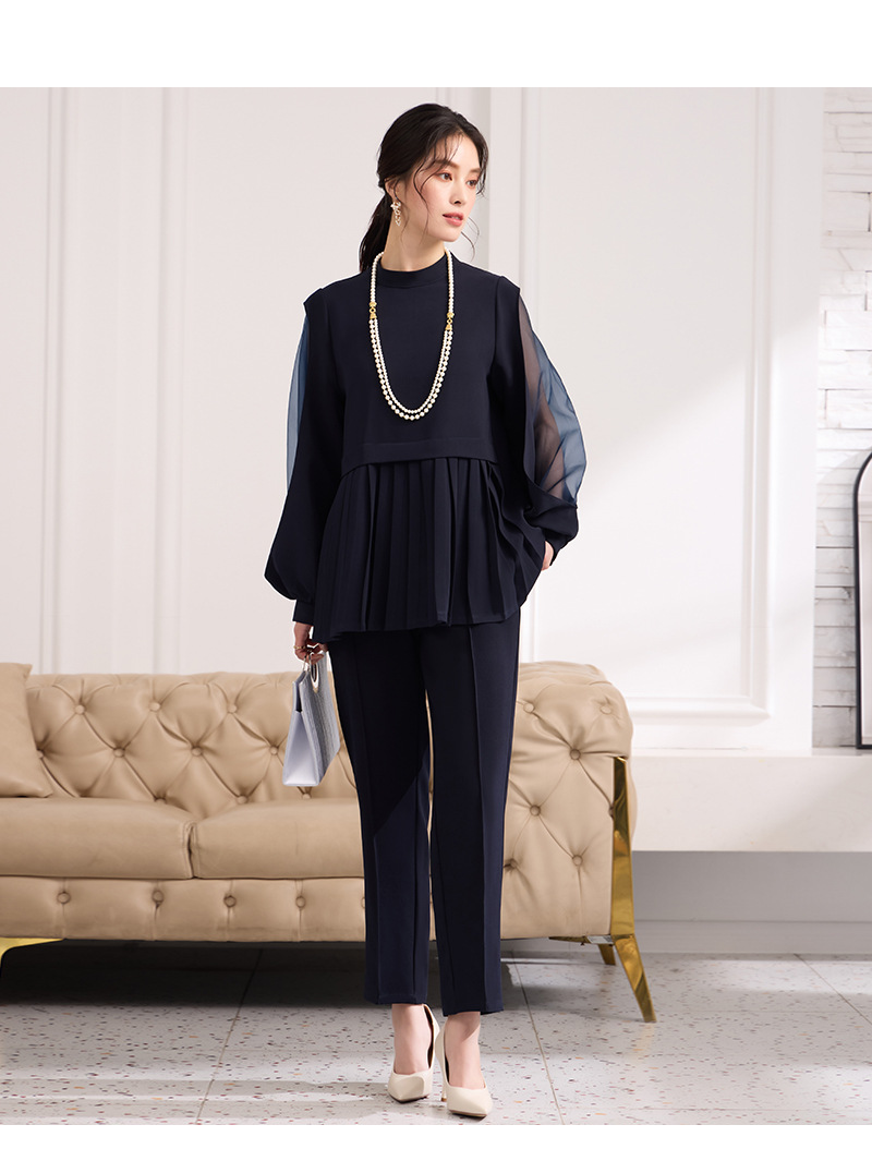パンツセットアップ 透け感シフォン プリーツ切替セットアップ