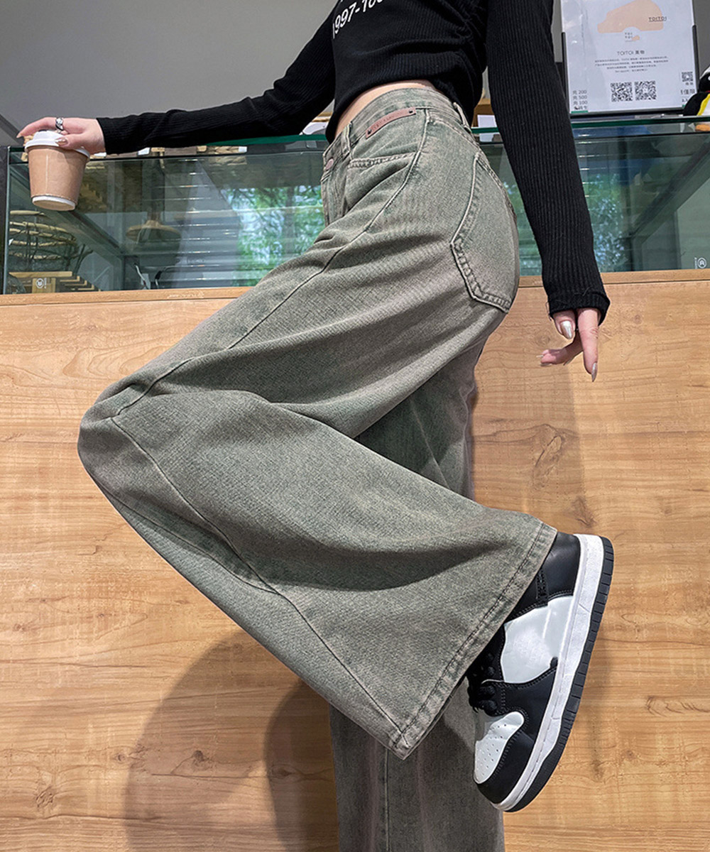 パンツセットアップ 復古風色落ちワイドデニムパンツ美脚
