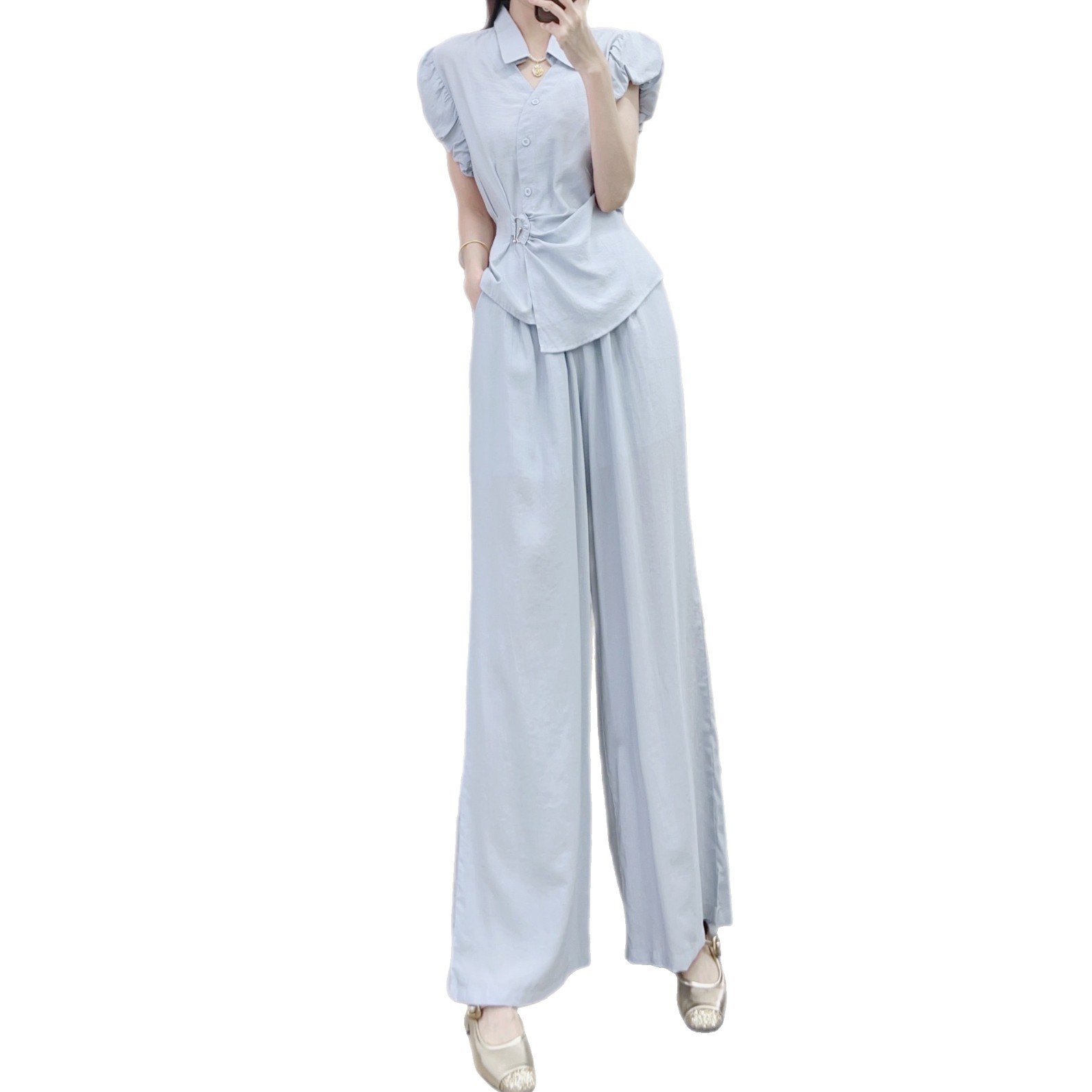 パンツセットアップ 袖フリル細ベルト付きワイドパンツセット