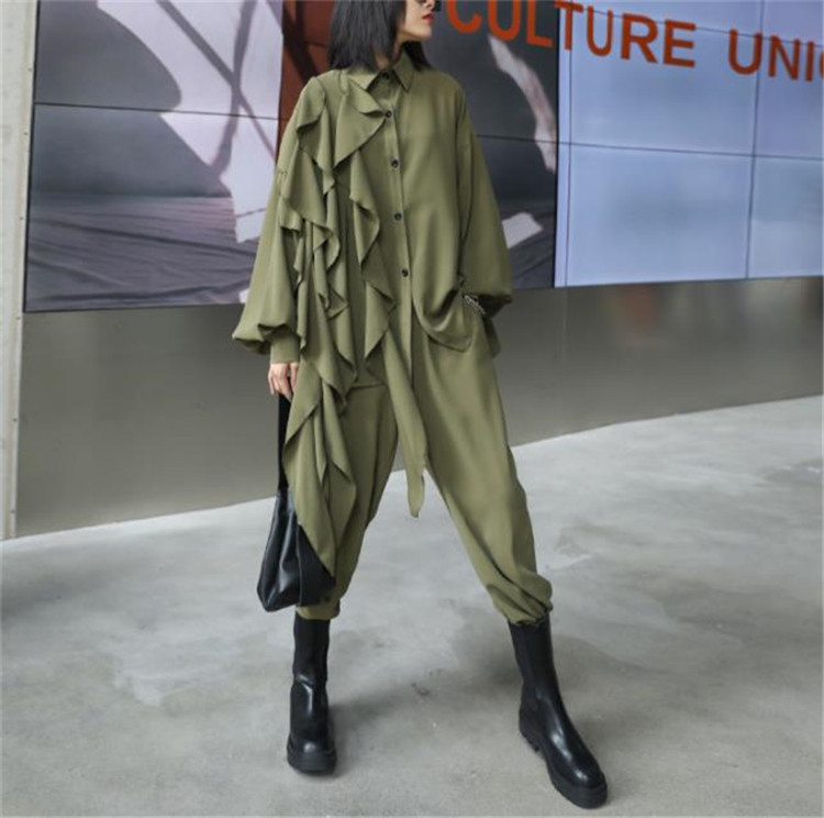 パンツセットアップ 上品復古風長袖ブラウスワイドパンツ女性用2点組