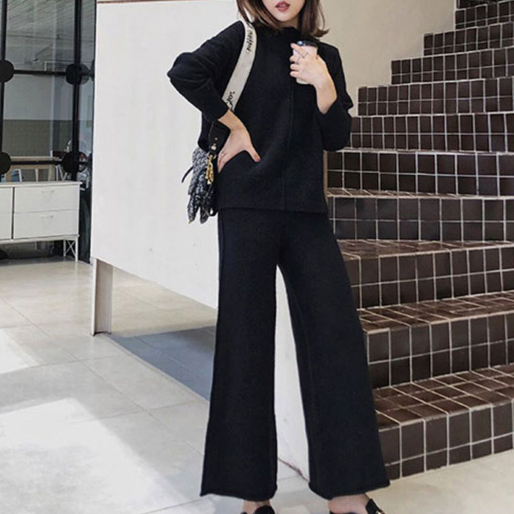 ニットワイドパンツセットアップ レディース ゆったり秋冬長袖無地