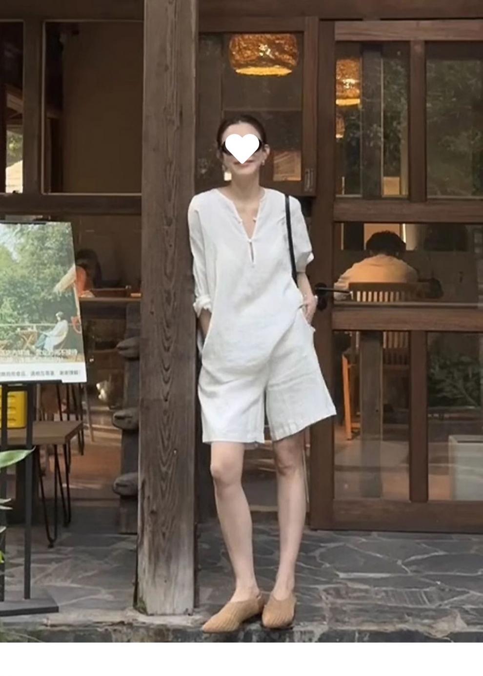 パンツセットアップ 麻混ゆったりワンピースショートパンツ