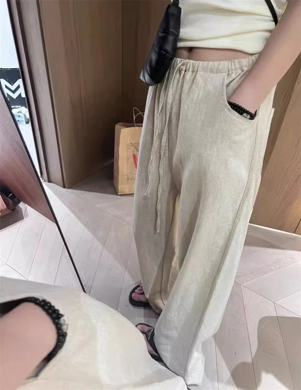 パンツセットアップ 麻混リネンワイドパンツセットアップ