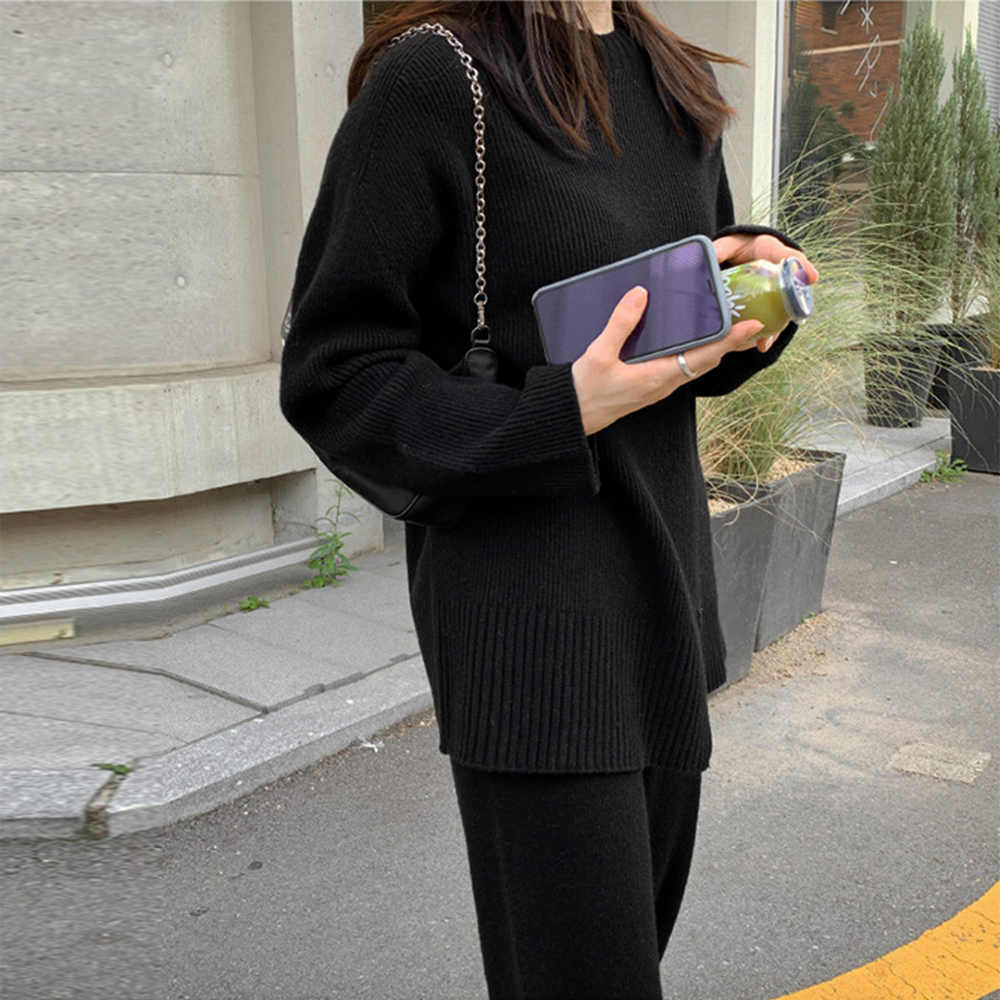 パンツセットアップ 秋冬ニットセットアップ ワイドパンツ スリット入り上下セット