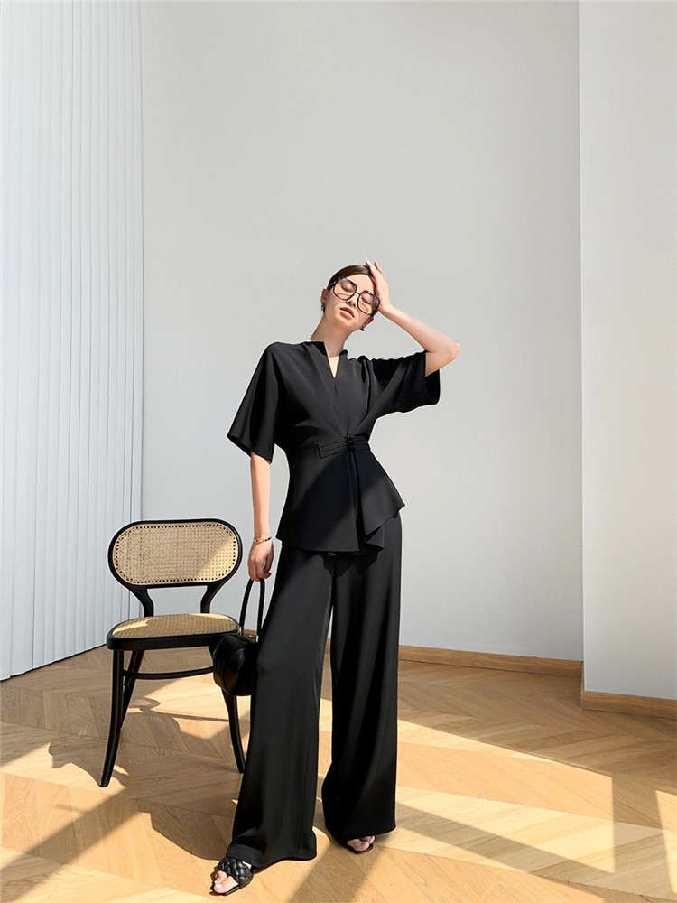 ブイネック二点セット レディース ワイドパンツセットアップ