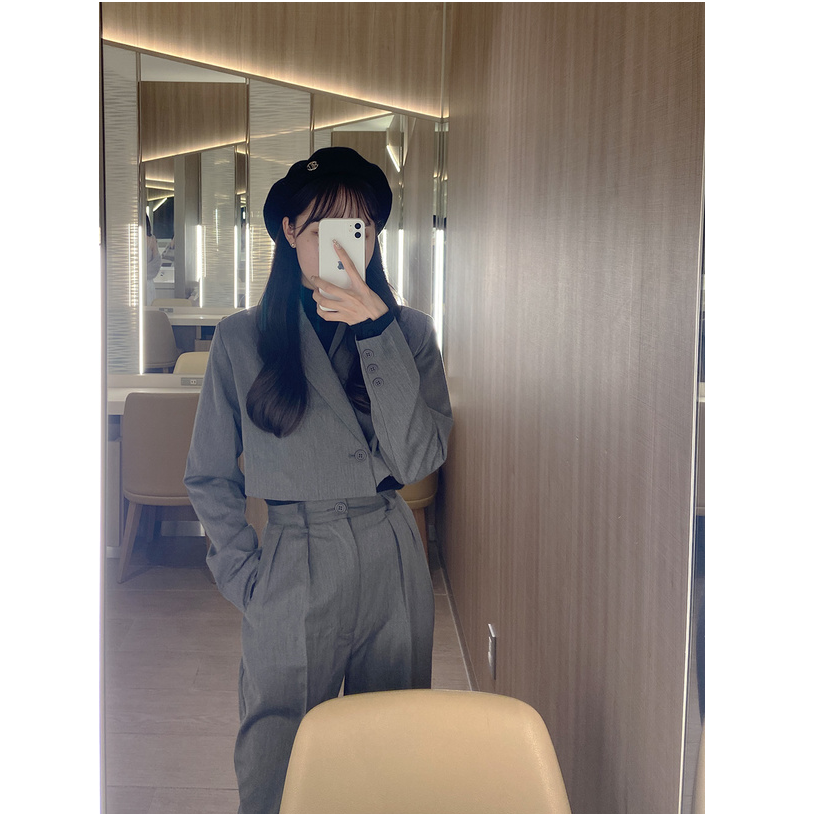 パンツセットアップ クロップド丈ジャケット×ワイドパンツセット