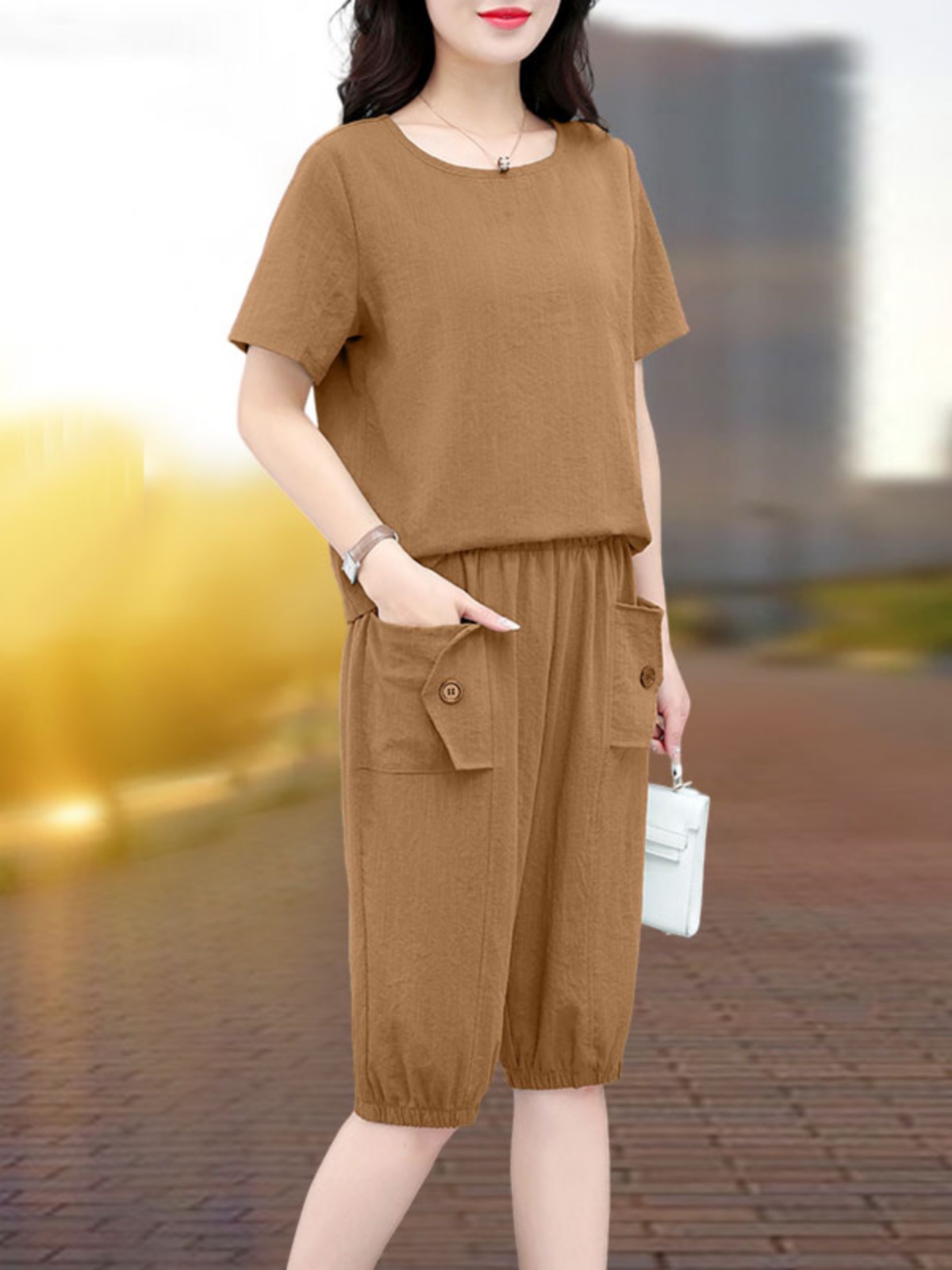 パンツセットアップ リネン風ポケット付き膝丈セットアップ