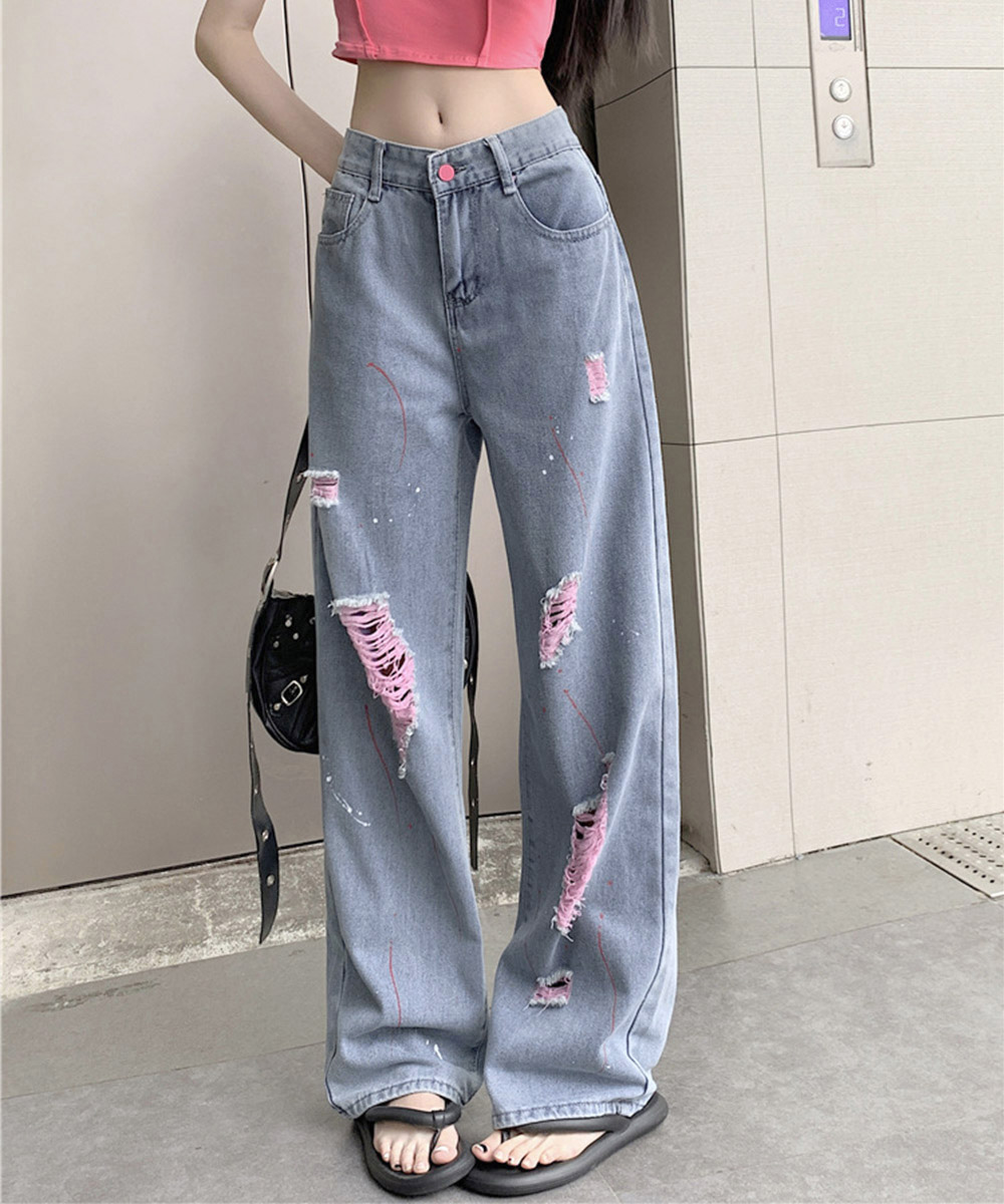 パンツセットアップ ピンク配色ダメージワイドデニムパンツ