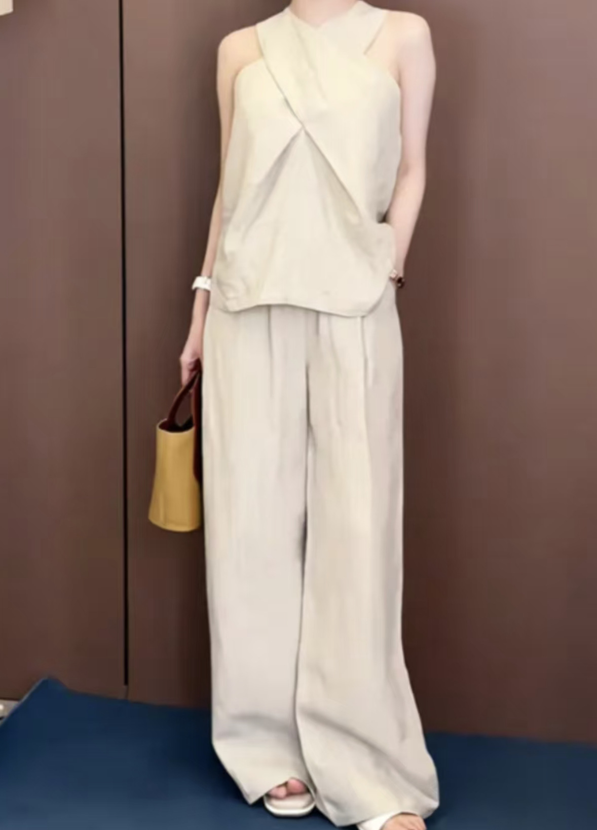 パンツセットアップ クロスネックワイドパンツセット