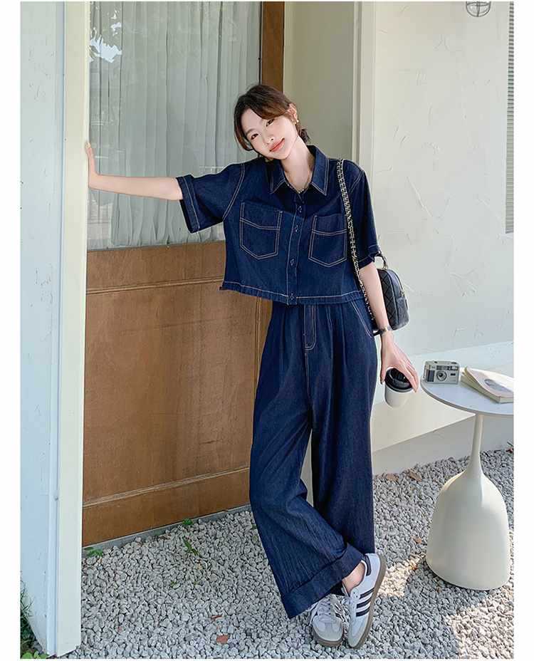 パンツセットアップ 半袖デニムワイドパンツセットアップ