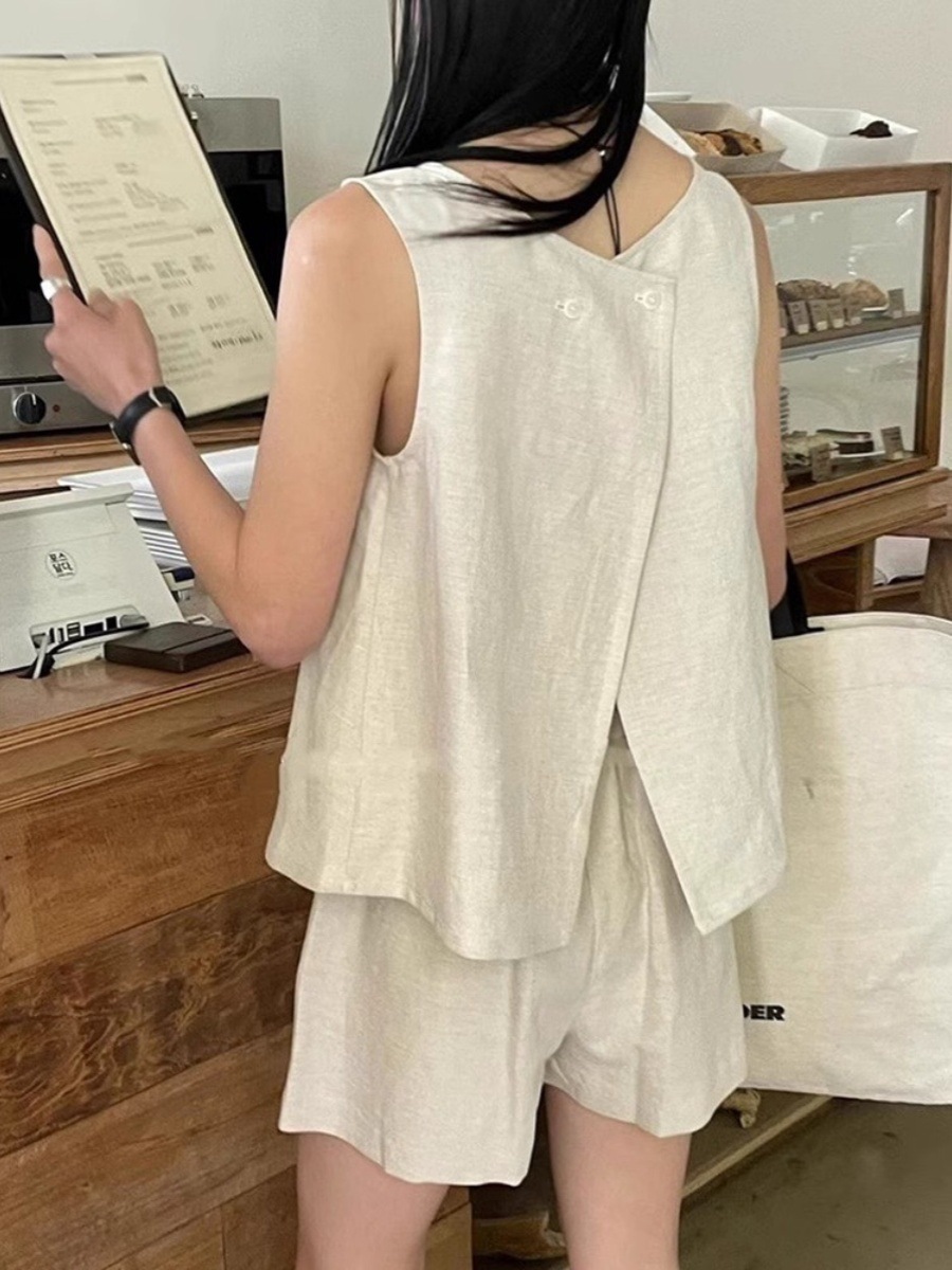 パンツセットアップ 麻混タンクトップショート上下セット
