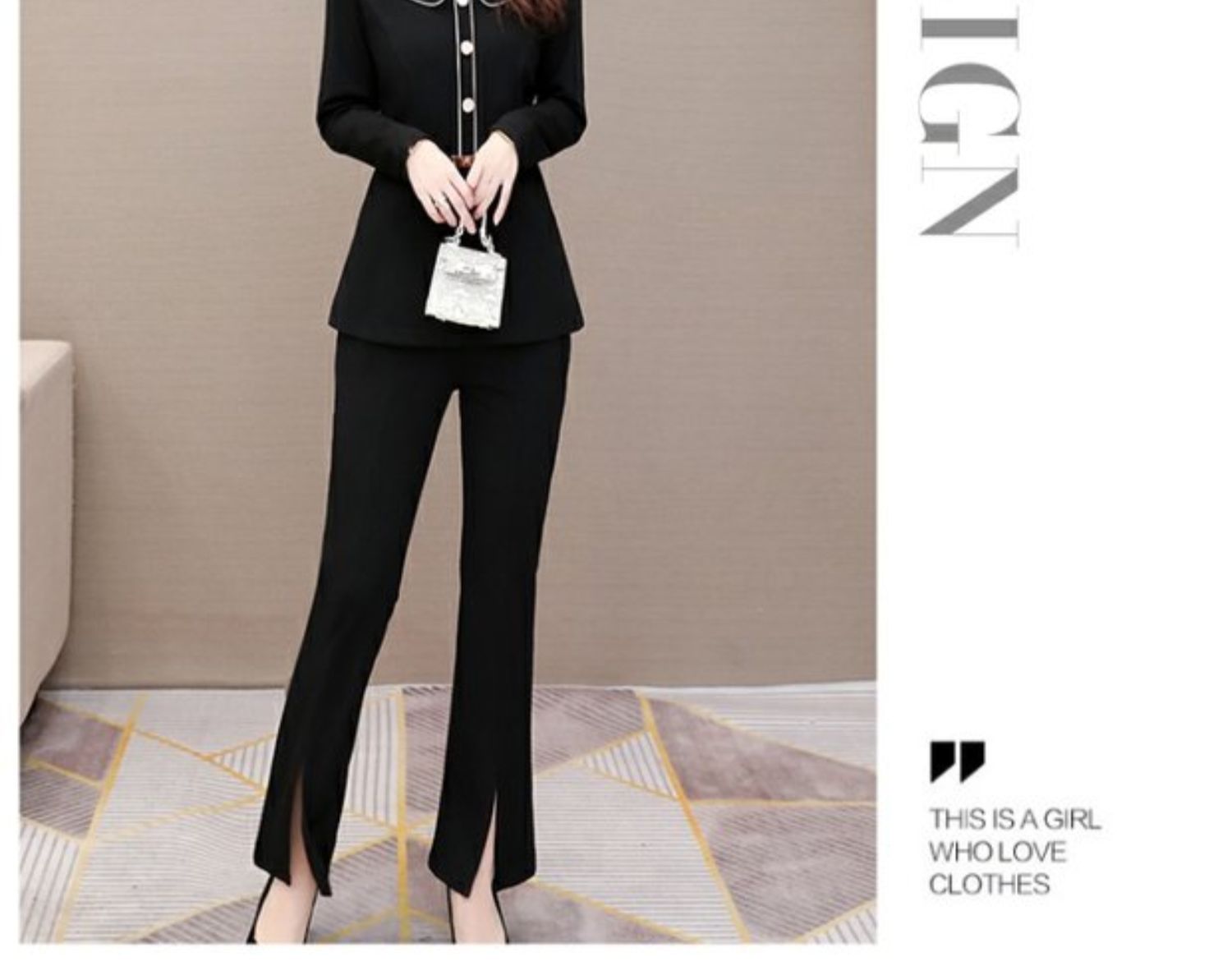 パンツセットアップ 丸襟パイピングトップス＆フレアパンツの上品セット