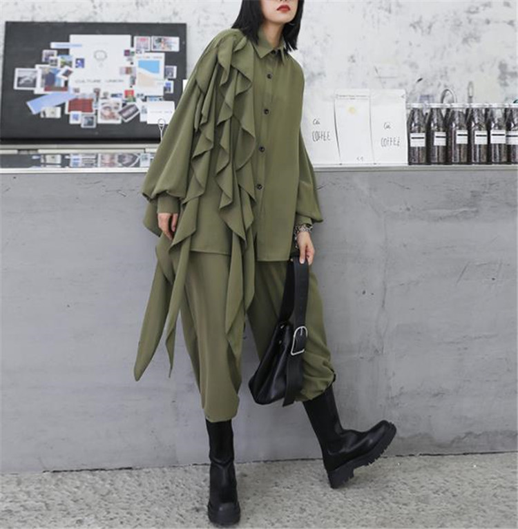 パンツセットアップ 上品復古風長袖ブラウスワイドパンツ女性用2点組