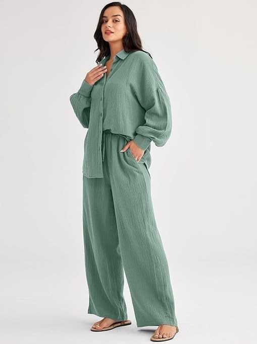 パンツセットアップ しわ加工ゆったりパンツセットアップ