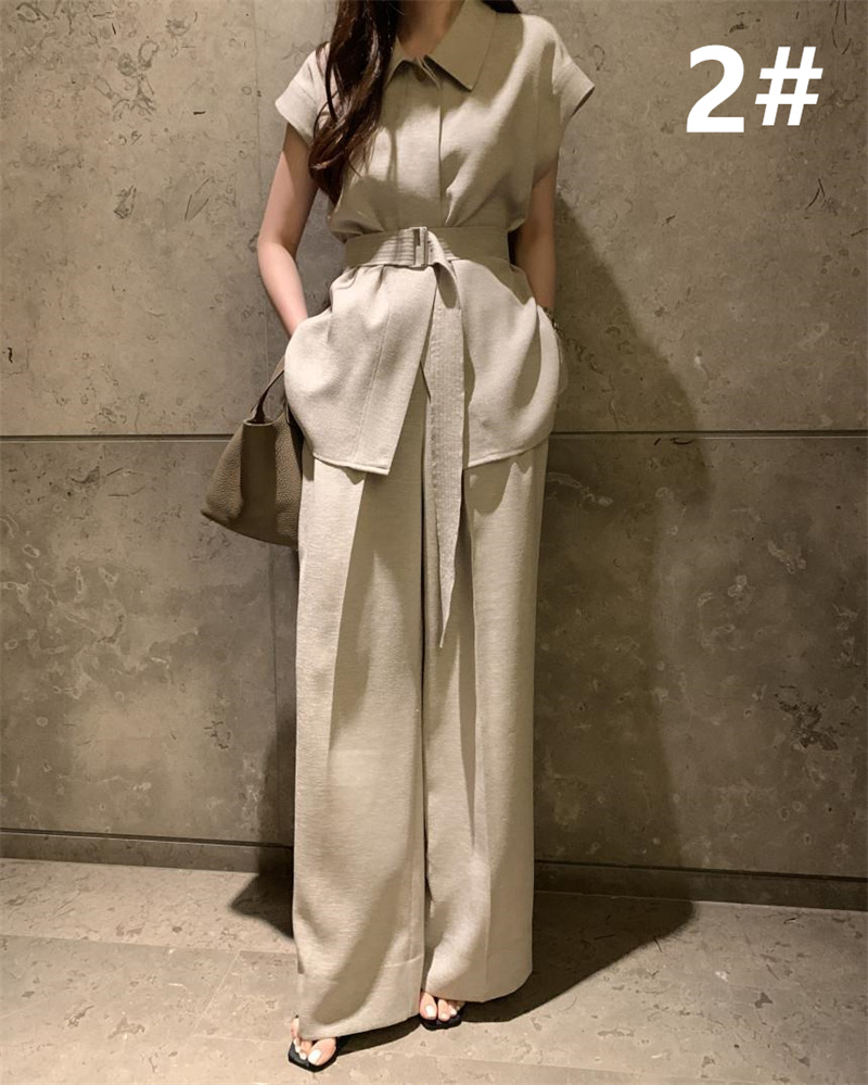 パンツセットアップ 夏用スーツ二点組み半袖上着ワイドパンツ女性用着回し服